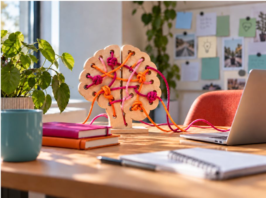 Houten boom met gekleurde touwen op een bureau